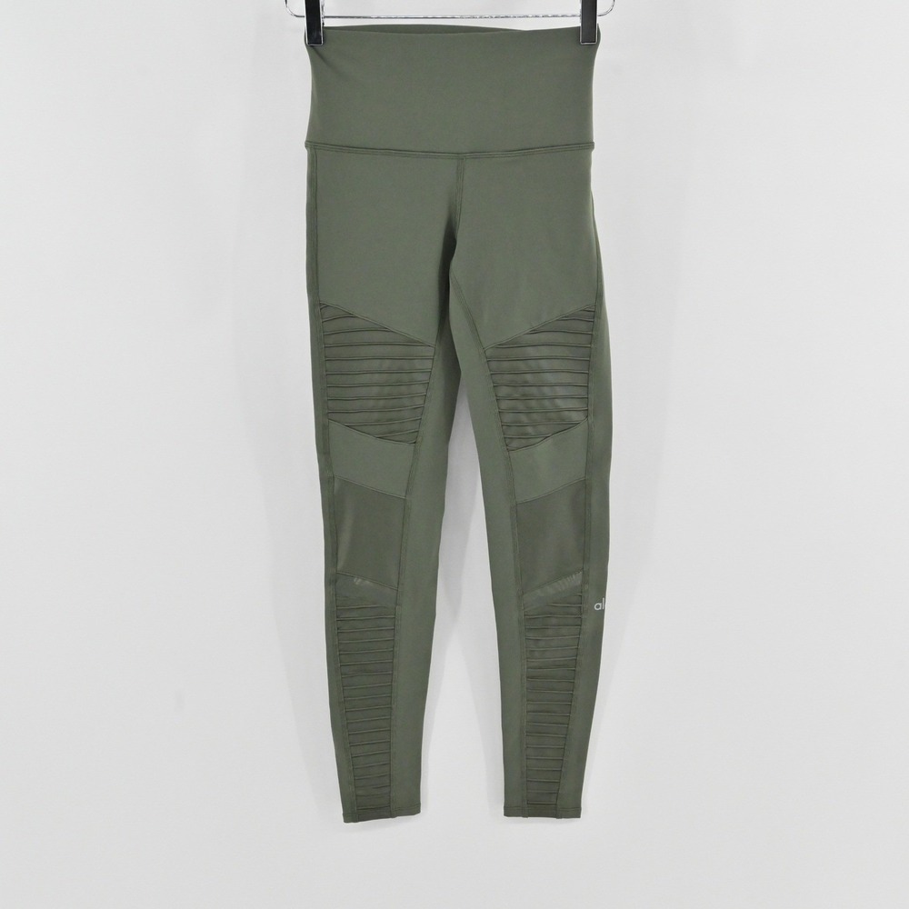 Alo Yoga Moto Leggings Womens Size S Olive Green High Waist Mesh Athleisure Gym